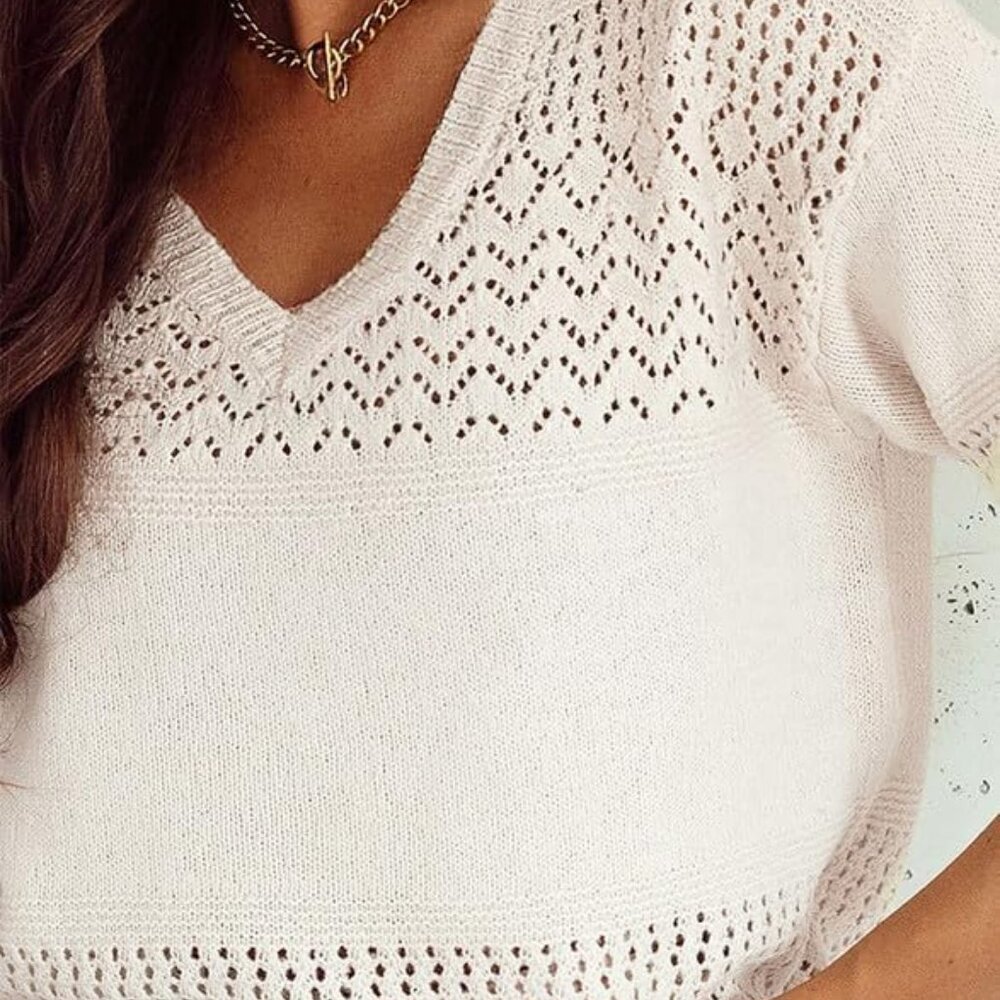 Women's Sweaters Casual Long Sleeve V Neck Lightweight Crochet Pullover Sweater - Picture 6 of 8